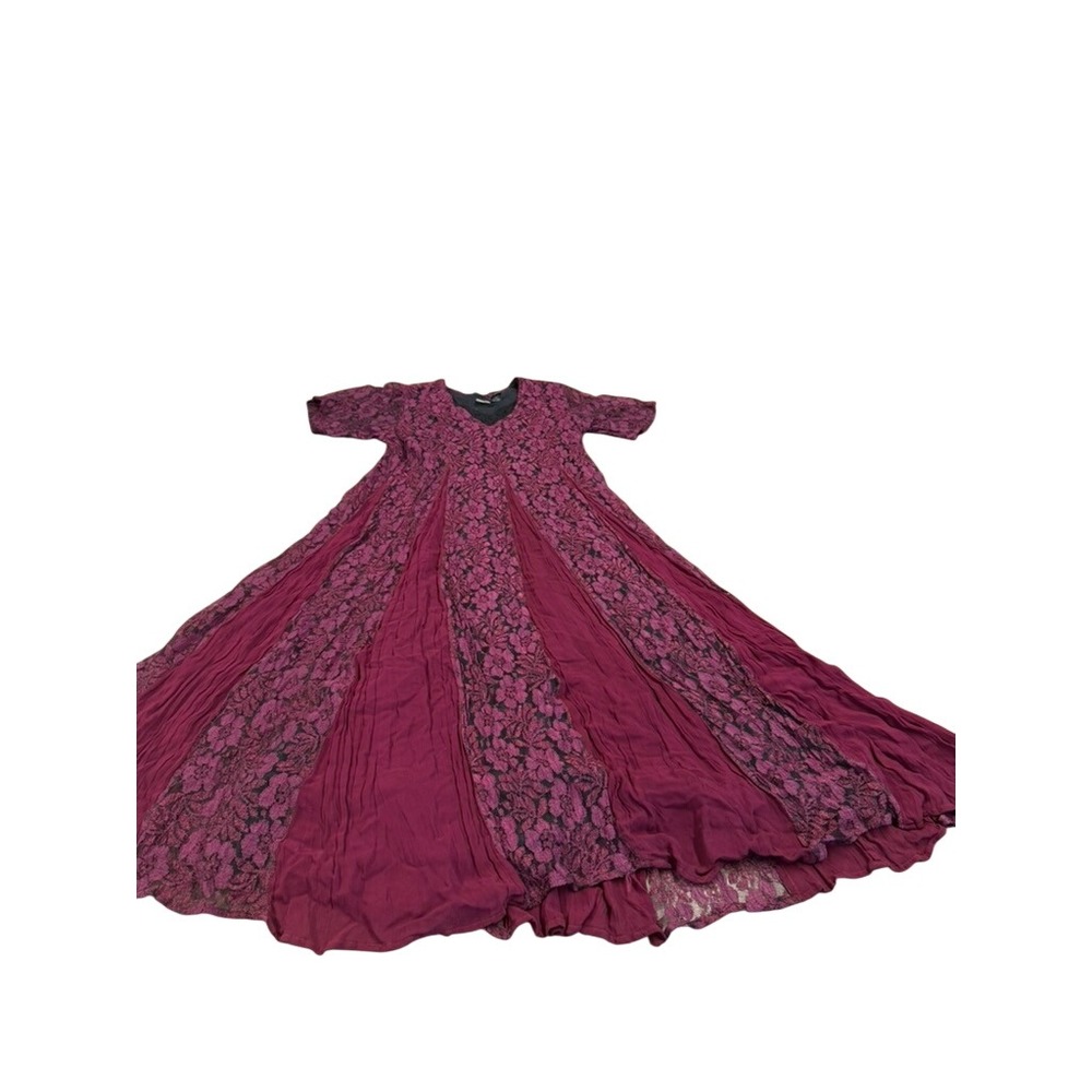 VTG Women Plum Burgundy Floral Lace Panelled M Maxi Dress V-Neck Fairy READ!!